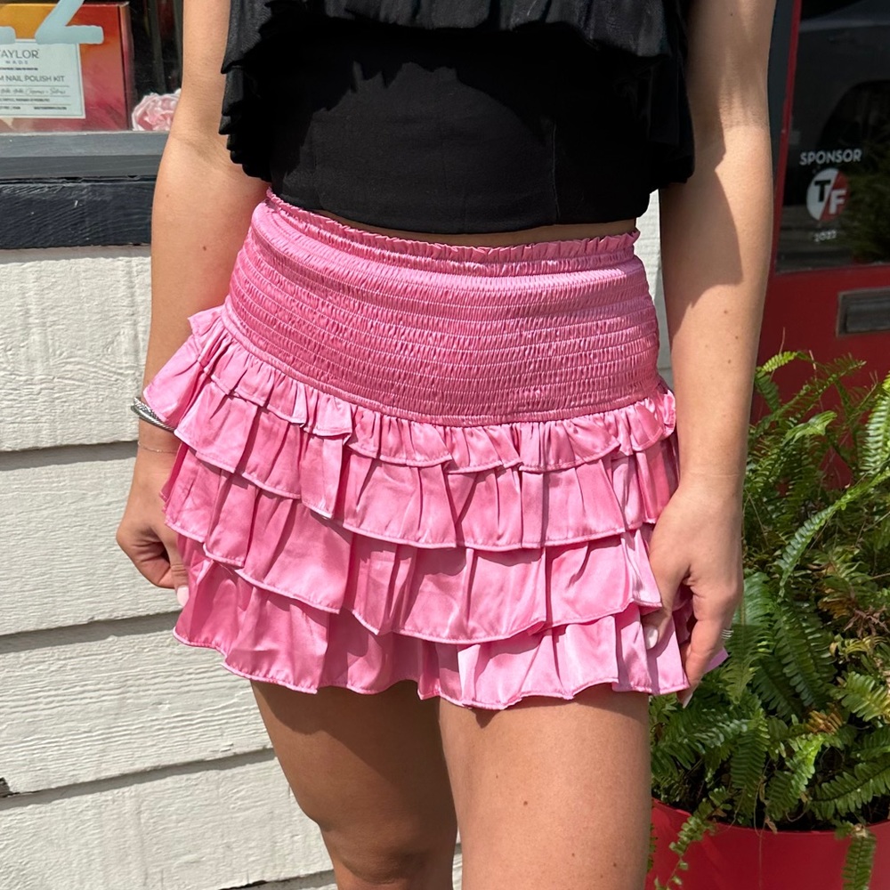 NWT Ruffled Satin Pink Skirt with built in shorts.